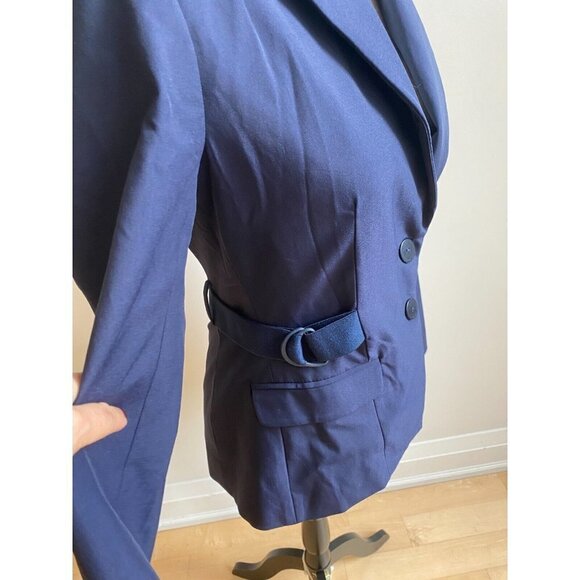 Jonathan Simkhai Sz small navy blue Blazer Jacket 2 button closure collar belt - Picture 2 of 7
